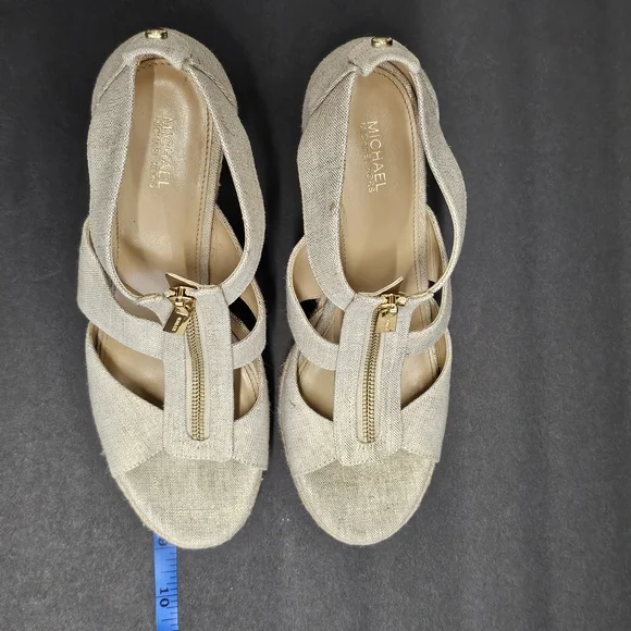 Michael Kors Berkley Beige Wedge Sandals w/ Gold Zipper - Picture 3 of 5